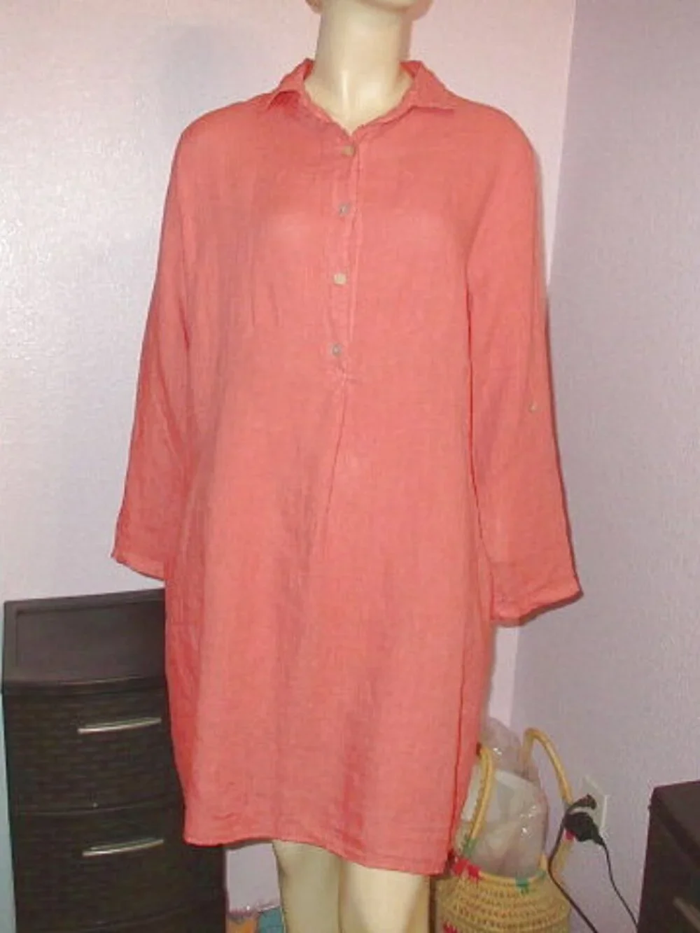 Italian Linen Dress Womens L Pockets Shirt Shift Oversized Roll Tab Beach Resort